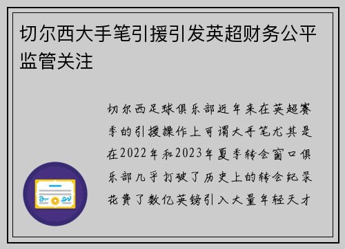 切尔西大手笔引援引发英超财务公平监管关注
